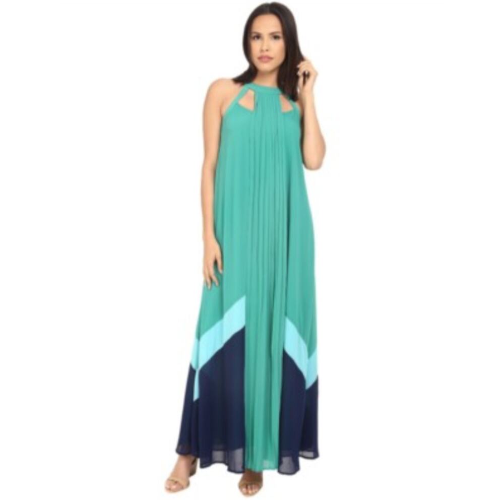 Adelyn Rae Maxi Dress XS Color Block Halter Neck Pleated Cut Out Green Blue